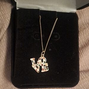 Gold-Tone 'LOVE' Pendant Necklace with Multicolor Enamel Inlay